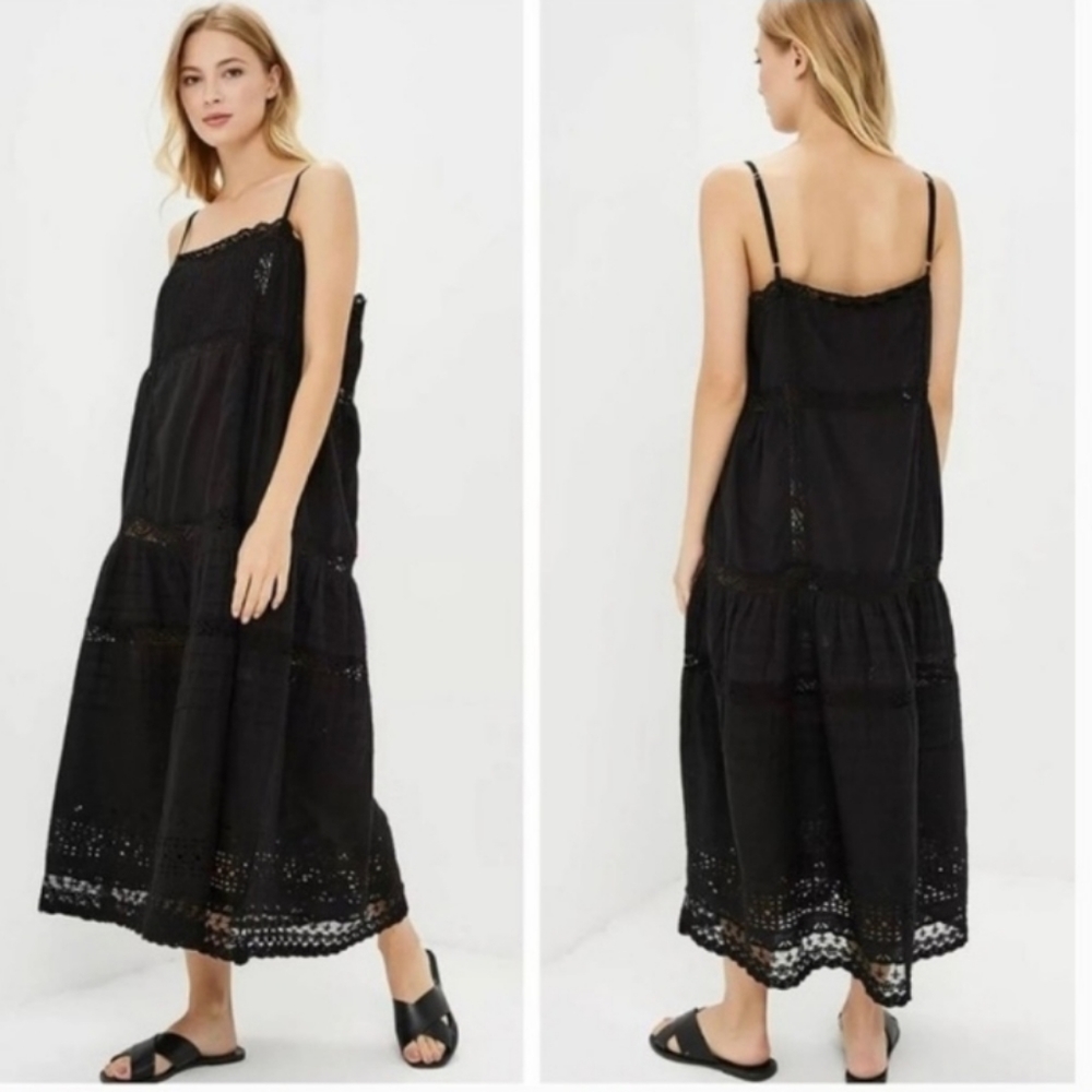 Free People boho dress black eyelet lace slip strap small